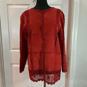 Red Suede Leather Crochet Patchwork Button Down Boho Western Jacket